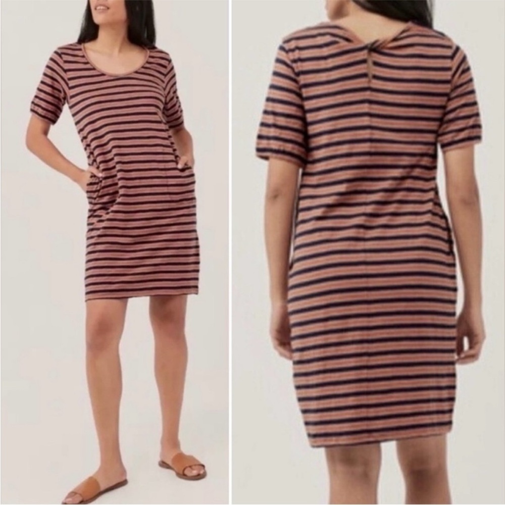 Pact Rust & Navy Stripes Twist Back Puff Sleeve Scoop Tee Shirt Dress Size Small